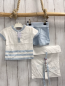 Preview: 3tlg neu Boboli T-Shirt + Shorts + Stoffbeutel Gr. 68  weiß blauer Bund Strick + hellblau + weiß blaue Bänder