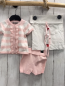 Preview: Boboli neu 3tlg kurzärmlige Strickjacke + Shorts + Stoffbeutel Gr. 62  rosa weiß gestreift Strick + rosa