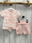 Preview: Boboli neu 3tlg  T-Shirt + Shorts + Beutel Gr. 68  rosa weiß gestreift Strick Rüsschen