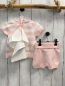 Preview: Boboli neu 3tlg  T-Shirt + Shorts + Beutel Gr. 62  rosa weiß gestreift Strick Rüsschen