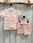 Preview: Boboli neu 3tlg  T-Shirt + Shorts + Beutel Gr. 56  rosa weiß gestreift Strick Rüsschen