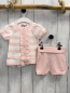 Preview: Boboli neu 3tlg  T-Shirt + Shorts + Beutel Gr. 62  rosa weiß gestreift Strick Rüsschen