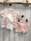 Preview: Boboli neu 3tlg  T-Shirt + Shorts + Beutel Gr. 62  rosa weiß gestreift Strick Rüsschen