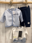 Preview: 3tlg neu blue seven Sweatjacke + Langarmshirt + Hose Gr. 56  blau weiß gestreift + weiß Schrift Boot Meer + dunkelblau