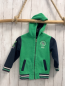 Preview:   Fleecejacke  Gr. 110  grün Kapuze blaue Ärmel blau grün weißer Streifenbund 