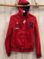 Preview:   Sweatjacke  Gr. 146/152  rot Kapuze blauer Streifenbund Flaggen Zahl 