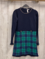 Preview: Janie & jack  Kleid  Gr. 122  blaues Strickoberteil mit goldenem Glitzerstreifenbund grün alu lila karierter Roc goldene Knöpfe 
