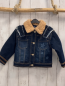 Preview: Monna Lisa  Jacke Gr. 110  blau Jeans abtrennbarer brauner Teddykragen Pailettenbild "Jerry" auf der Rückseite Sterne orange Nähte