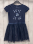 Preview: Basefield  Kleid  Gr. 116  blaues Oberteil mit Pailettenschrift blau silber gestreifter Rock mit Tüllüberrock 