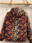 Preview: Kamik  Winterjacke  Gr. 164  grau schwarz Rechtecke mit gelb rot orange hellgrauem Druck 