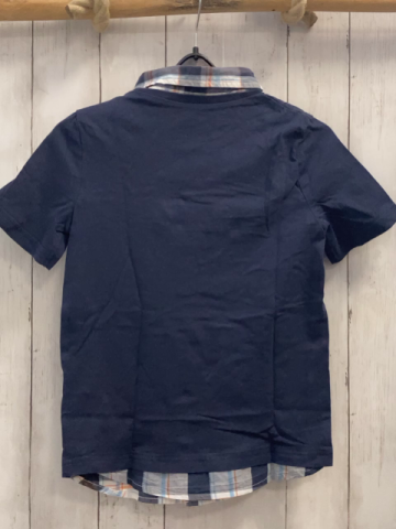   T-Shirt  Gr. 140  blau Dino Schrift + blau hellblau weiß orange karierter Hemdeinsatz + -saum  
