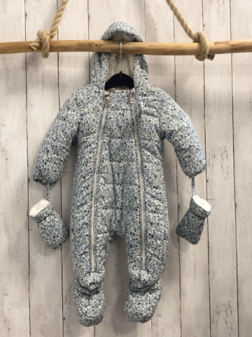 3tlg Staccato  Winteroverall mit Handschuhen + Schühchen  Gr. 68  weiß petrol hellblaue Blumen weißes Teddyfutter 