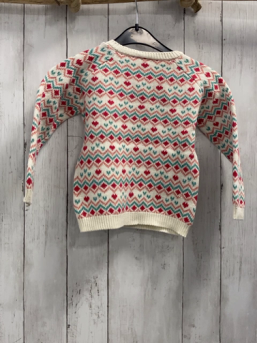 Alana  Pullover  Gr. 104  weiß + türkis rosa Zackenstreifen rote Rauten + Herzen 