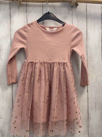 H&M Kleid Gr. 98  rosa geripptes Oberteil Tüllrock mit Glitzerherzen