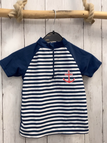   UV-Schutzshirt  Gr. 110  weiß blaue Streifen blaue Ärmel Reißverschluss roter Anker 