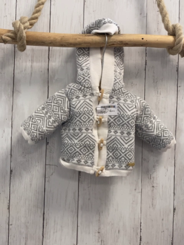   Strickjacke  Gr. 56  weiß graue Rauten Kapuze Teddyfutter Knebelknöpf 