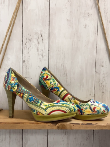 neu Tamaris  Pumps  Gr. 38  beige bunter Druk gestreifter hoher Absatz 