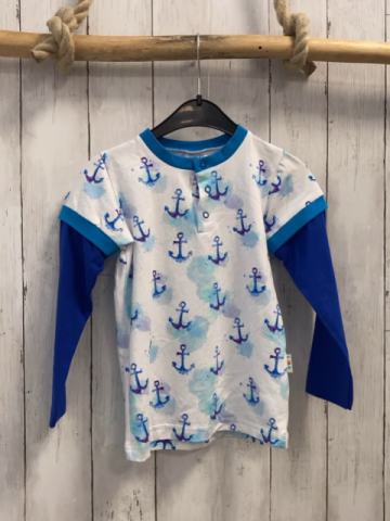 Babauba  Langarmshirt Gr. 104  weiß Ankel blaue Ärmel türkis Bund