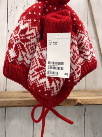 neu H&M Mütze + Handschuhe Gr. 86/92  rot weißes Muster Strick