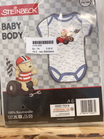 neu Steinbeck  Body Gr. 74  weiß hellblau + bunter Druck Rannauto 