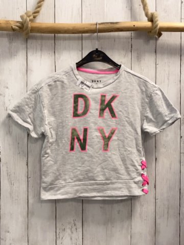 DKNY  T-Shirt  Gr. 152  grau oliv Schrift mit pink Bund 
