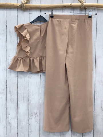 2tlg Shein  Sommerbluse + Hose  Gr. 146  hellbraun Struktur Rüschen 