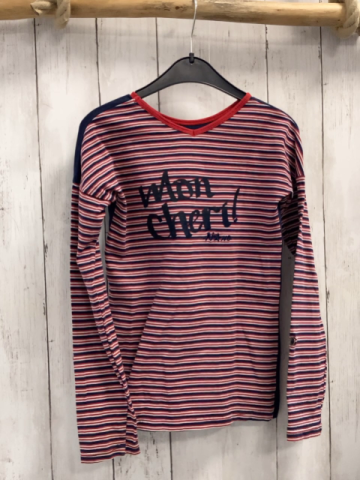 No No  Langarmshirt  Gr. 134/140  blau Pailettenschrift + -Stern rot blau weiß gestreifte Ämel 