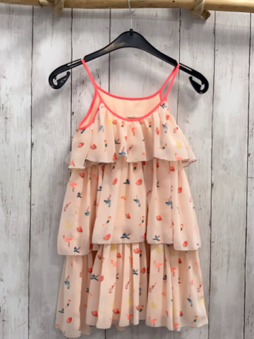 H&M  Kleid  Gr. 116  lachs Rüschen Flamingos Früchte hellroter Bund 2