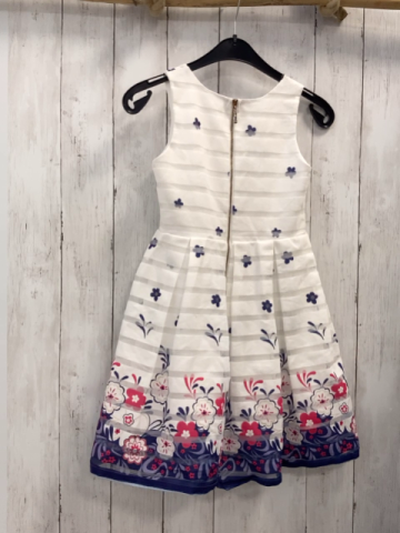  Kleid  Gr. 116  weiß mit transparenten + blaue Streifen bunte Blumen 