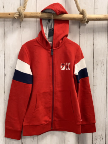 Okaidi Sweatjacke  Gr. 140  rot Kapuze + blau weiße Streifen am Ärmel