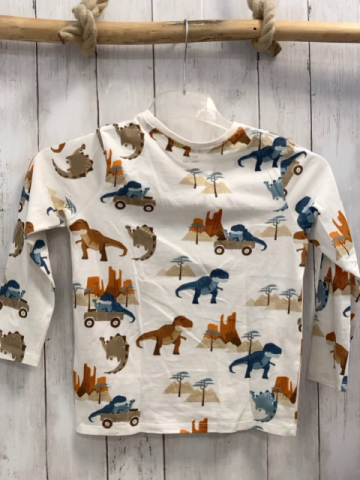  Langarmshirt  Gr. 134  weiß Dinos Fahrzeuge Berge 