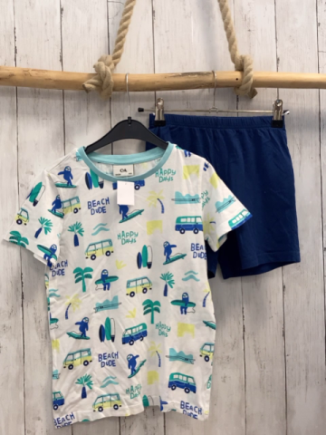 2tlg  T-Shirt + Shorts  Gr. 134  weiß + blau  Camper Palmen Schrift 