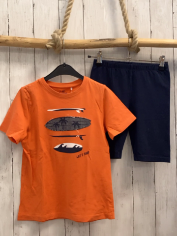 2tlg  T-Shirt + Shorts  Gr. 128  orange Surbrett Wellen + blau 