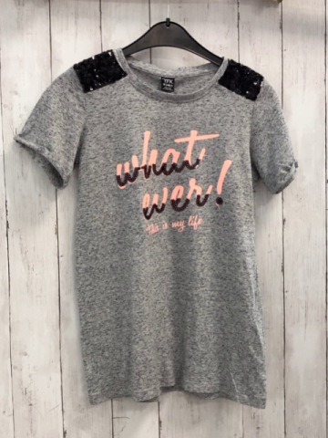 YFK T-Shirt  Gr. 158/164  grau schwarze Pailetten auf der Schulter lachs Schrift mit schwarzen Pailetten