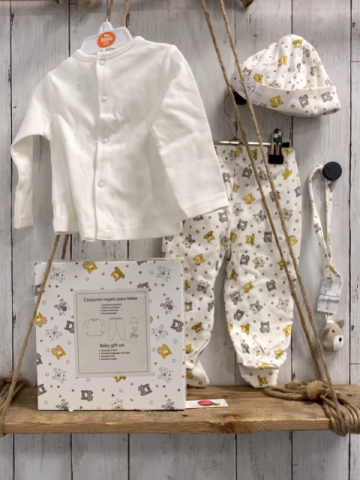 neu 4 teiliges Boboli Baby Geschenkset Gr. 68  Langarmshirt + Leggings + Mütze + Schnullerkette weiß grau gelbe Bären