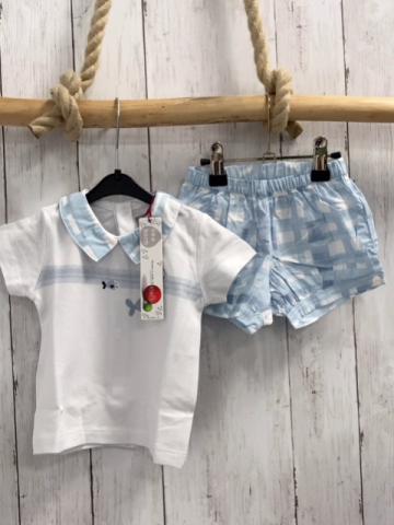 2tlg neu Boboli T-Shirt + Shorts Gr. 74  weiß  Fische blau weiß karieter Kragen + blau weiß kariert