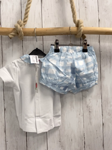 2tlg neu Boboli T-Shirt + Shorts Gr. 74  weiß  Fische blau weiß karieter Kragen + blau weiß kariert