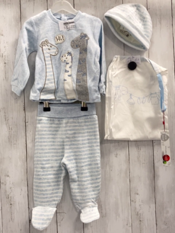 Boboli neu 4 teiliges Set Pullover + Jogginghose + Mütze + Stoffbeutel Gr. 68  blau Nicky Giraffen + blau weiß gestreift