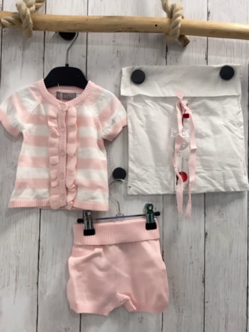 Boboli neu 3tlg kurzärmlige Strickjacke + Shorts + Stoffbeutel Gr. 56  rosa weiß gestreift Strick + rosa