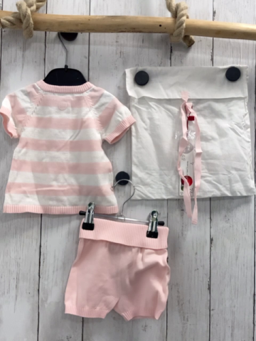 Boboli neu 3tlg kurzärmlige Strickjacke + Shorts + Stoffbeutel Gr. 56  rosa weiß gestreift Strick + rosa