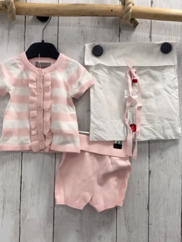 Boboli neu 3tlg kurzärmlige Strickjacke + Shorts + Stoffbeutel Gr. 62  rosa weiß gestreift Strick + rosa