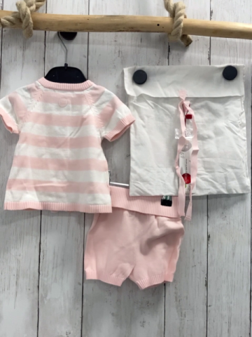 Boboli neu 3tlg kurzärmlige Strickjacke + Shorts + Stoffbeutel Gr. 62  rosa weiß gestreift Strick + rosa