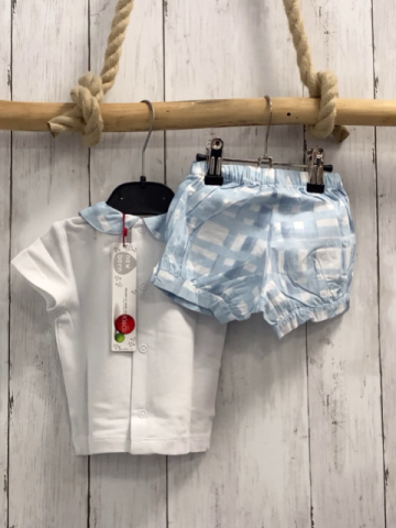 Boboli neu 2tlg T-Shirt + Shorts  Gr. 80  weiß Fische blau weiß karierter Kragen + blau weiß kariert