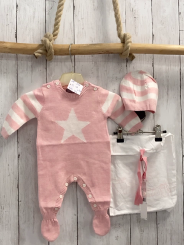 Boboli neu 3tlg Strampler + Mütze + Stoffbeutel Gr. 62  rosa weiß gestreift Stern Strick