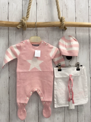 Boboli neu 3tlg Strampler + Mütze + Stoffbeutel Gr. 56  rosa weiß gestreift Stern Strick