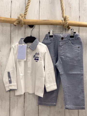 Chicco neu 2tlg Langarmshirt + Hose Gr. 74  weiß blauer Kragen + blau meliert Bund verstellbar