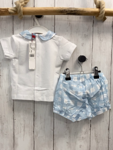 Boboli neu 2tlg  T-Shirt + Shorts Gr. 74  weiß Fische blau weiß karierter Kragen + Shorts 