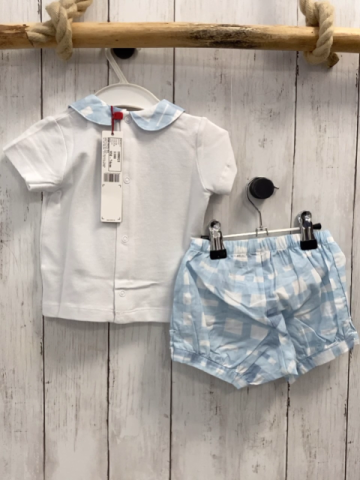 Boboli neu 2tlg  T-Shirt + Shorts Gr. 68  weiß Fische blau weiß karierter Kragen + Shorts 