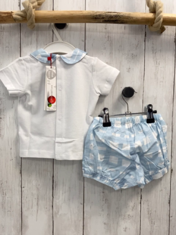 Boboli neu 2tlg  T-Shirt + Shorts Gr. 80  weiß Fische blau weiß karierter Kragen + Shorts 