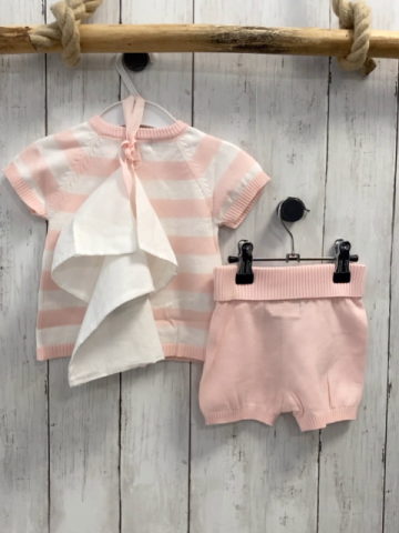 Boboli neu 3tlg  T-Shirt + Shorts + Beutel Gr. 62  rosa weiß gestreift Strick Rüsschen